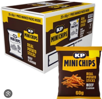 Kp Mini Chips Real Potato Sticks 20x60g £1.35 Price Marked Packs (BBQ Beef) Savory Crisps Snacks Perfect for LunchBoxes, Parties