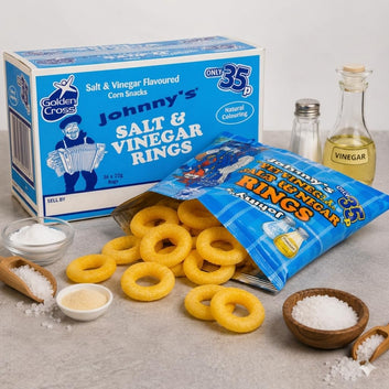 Golden Cross Johnny's Salt and Vinegar Flavour 36 × 22g, Perfect for School, Lunches, Snack Parties, Picnics, Corned Snack
