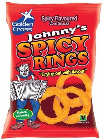 Johnny's Spicy Onion Rings 24 x 50g Full Box Crisps Corn Snacks Spicy Flavour Flavoursome Snack by S & F