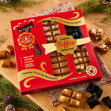 Walkers Nonsuch Toffee Selection Gift Box With Hammer 400g (Creamy Original, Nutty Brazil, Roasted Hazelnut & Liquorice)