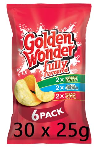 Golden Wonder Variety Crisps, 30 x 25G Cheese & Onion, Salt & Vinegar, Ready Salted Snacks Party School Bulk Wholesale Buy Multipack