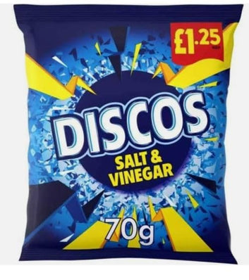 Discos Salt & Vinegar Flavour Crisps 16 x 70g Party Perfect Lunchbox Snack KP Large Bag Full Box PM£1.25 Crunchy Crispy Snack