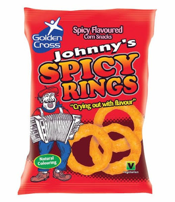 Golden Cross Johnny's SPICY Onion Rings (50gx24pk) Full Box Crisps Corn Snacks Spicy Flavour Flavoursome Snack 24 x 50g