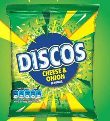 Discos Cheese & Onion Flavour Crisps 16 x 70g Party Perfect Lunchbox Snack KP Large Bag Full Box PM£1.25 Crunchy Crispy Snack